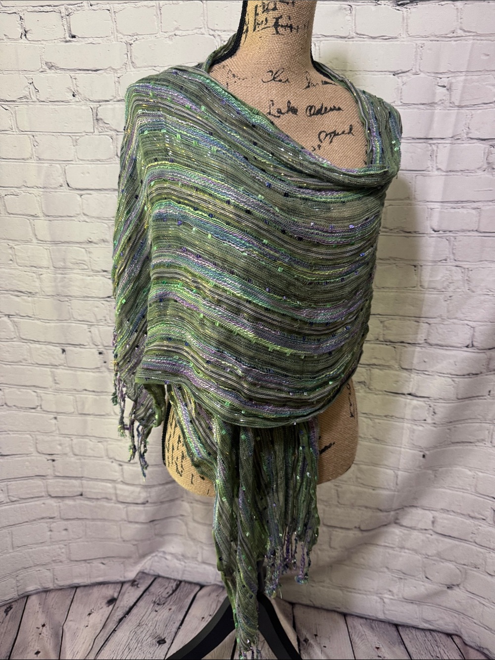 Like new Humble Hilo Bohemian Green & Lavender Striped Fringe Shawl/scarf/wrap